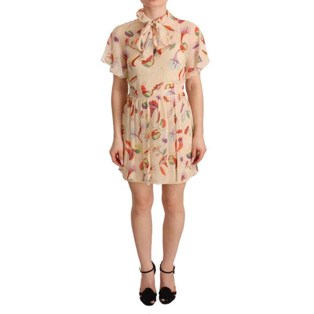 Red Valentino Beige Ascot Collar Short Sleeves Aline Mini Women's Dress